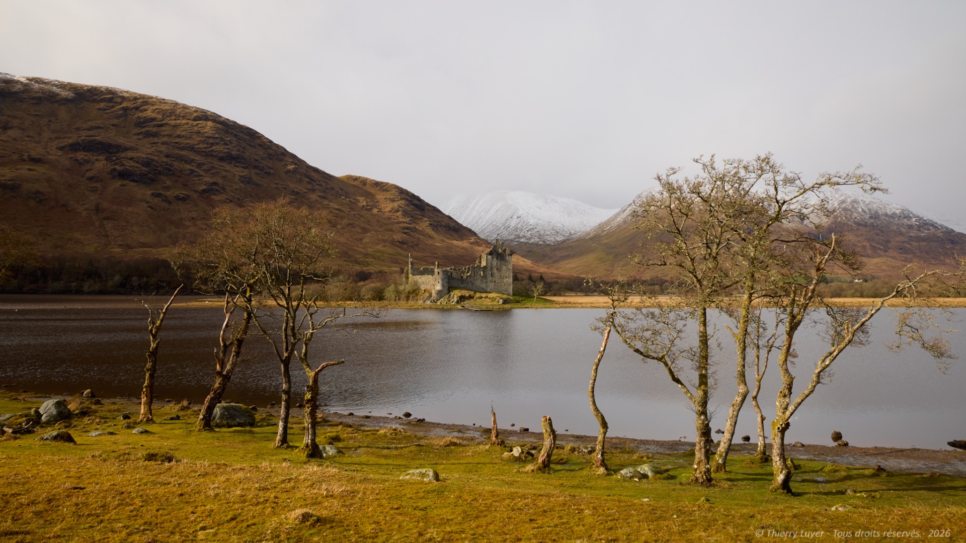 Lakeside castle ruins and leafless trees in foreground, with misty mountains and snow on distant peaks.